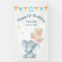 Elephant Blush Blue Star Happy 1st Birthday Banner