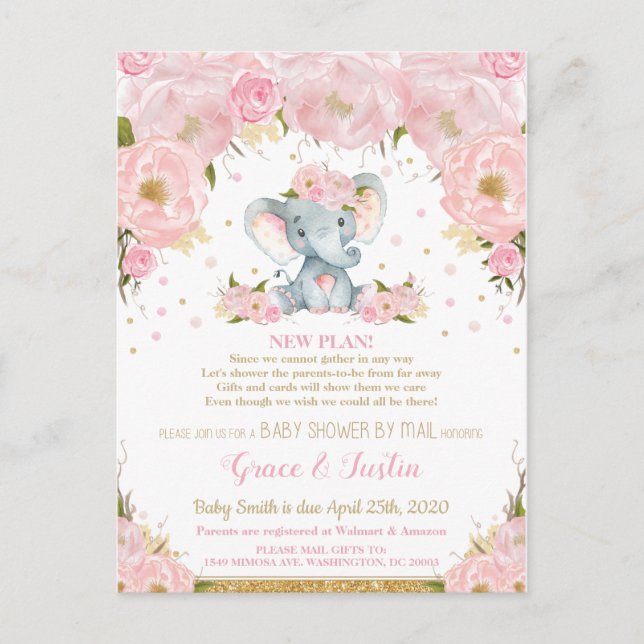 Elephant Blush Floral Baby Shower by Mail Girl Postcard (Front)