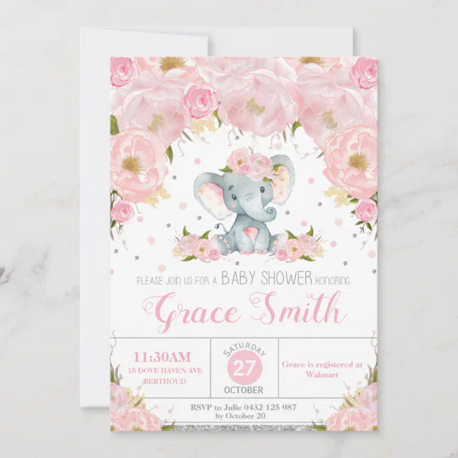 Elephant Blush Floral Baby Shower Silver Glitter Invitation | Zazzle
