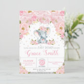 Elephant Blush Floral Baby Shower Silver Glitter  Invitation (Standing Front)