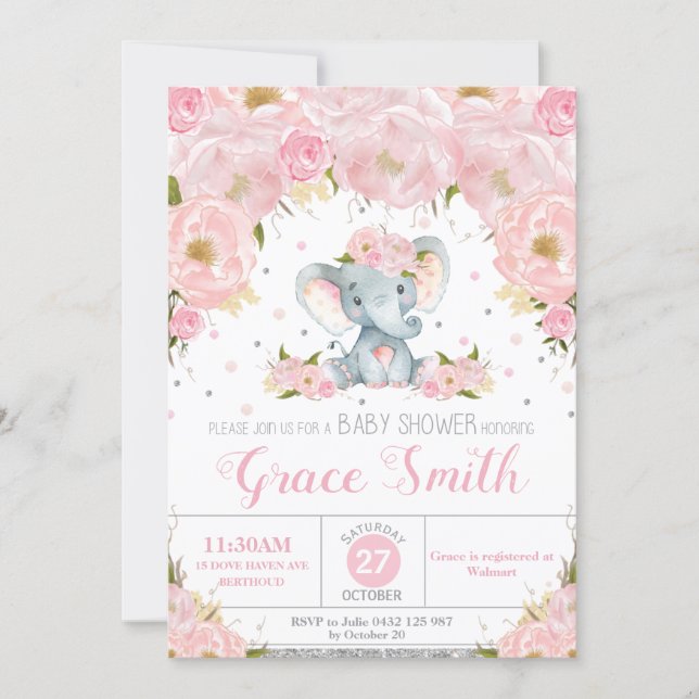 Elephant Blush Floral Baby Shower Silver Glitter  Invitation (Front)