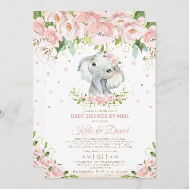Elephant Blush Floral Virtual Baby Shower by Mail Invitation (Front/Back)