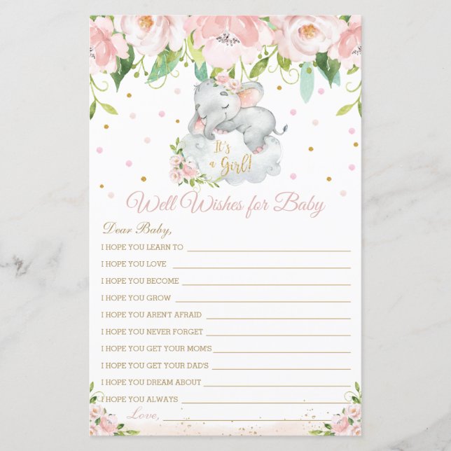 Elephant Blush Floral Well Wishes for Baby Card (Front)