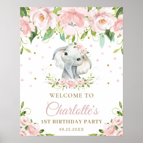 Elephant Blush Pink Floral 1st Birthday Welcome Poster