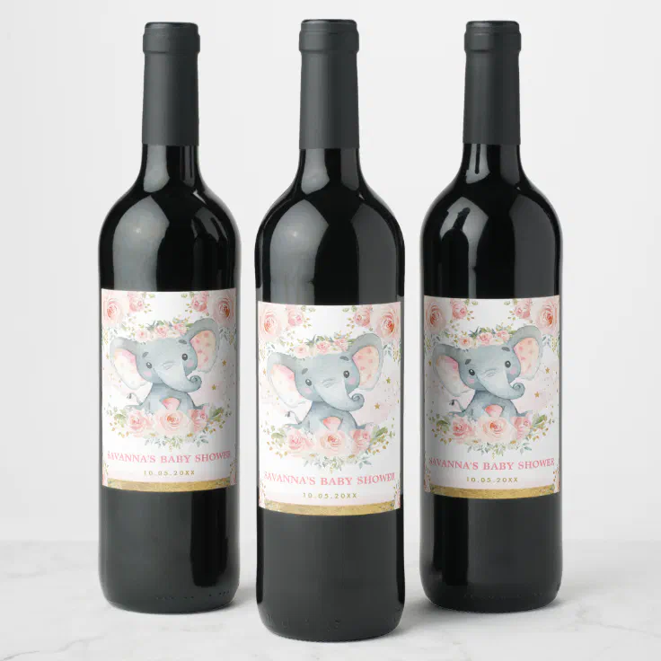 Elephant Blush Pink Floral Baby Shower Favors Wine Label