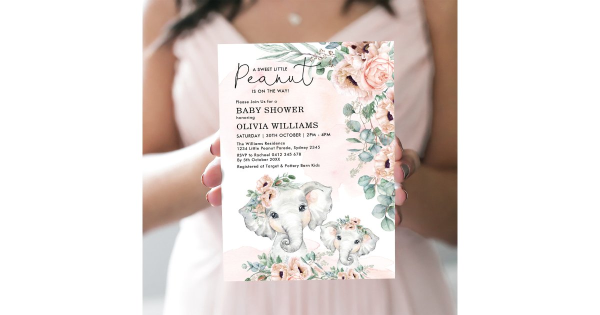 Elephant Blush Pink Floral Greenery Baby Shower Invitation | Zazzle