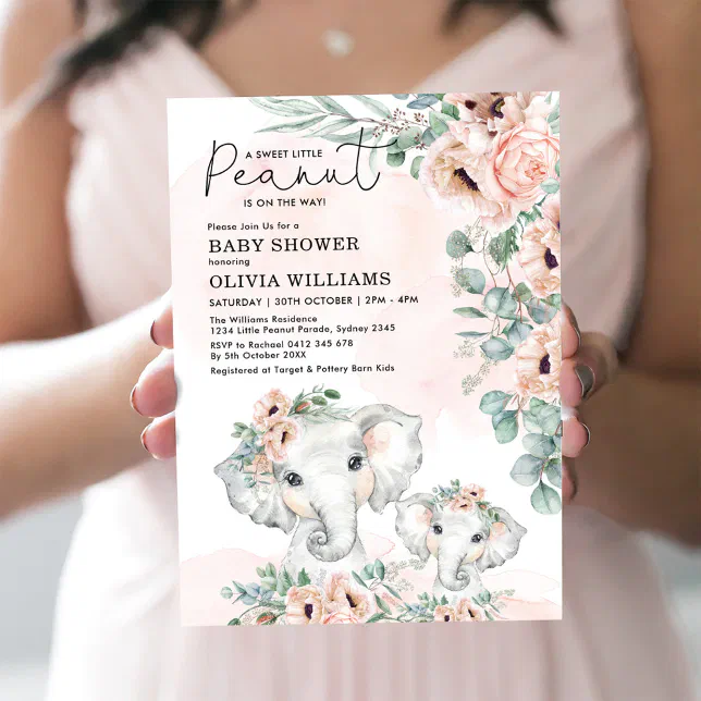 Elephant Blush Pink Floral Greenery Baby Shower Invitation | Zazzle