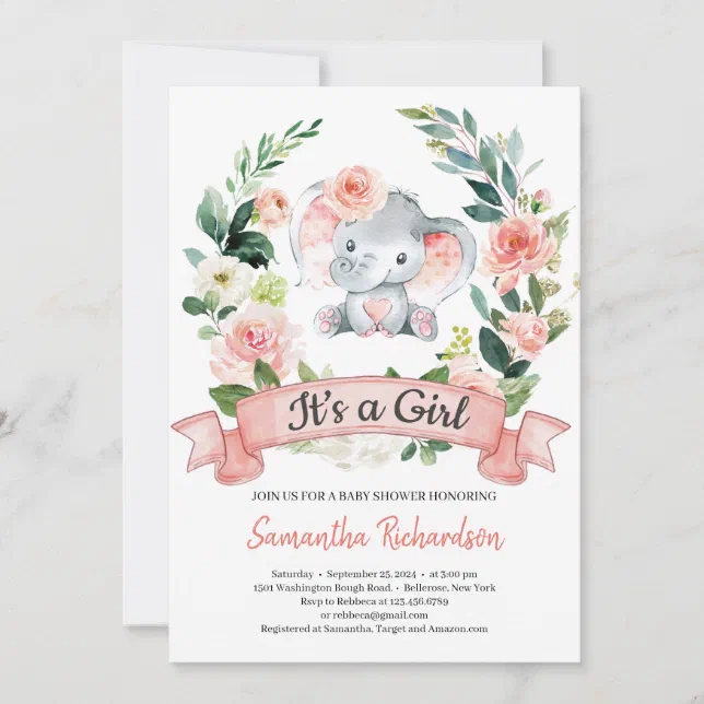 Elephant Blush Pink Floral Rustic It's A Girl Baby Invitation | Zazzle