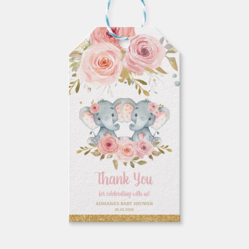 Elephant Blush Pink Floral Twins Baby Shower Favor Gift Tags