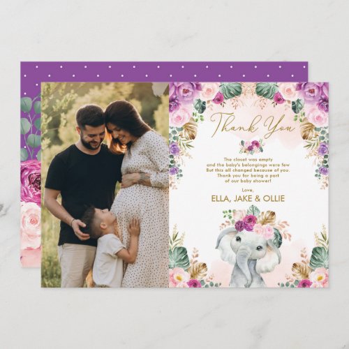 Elephant Blush Pink Purple Floral Girl Baby Shower Thank You Card