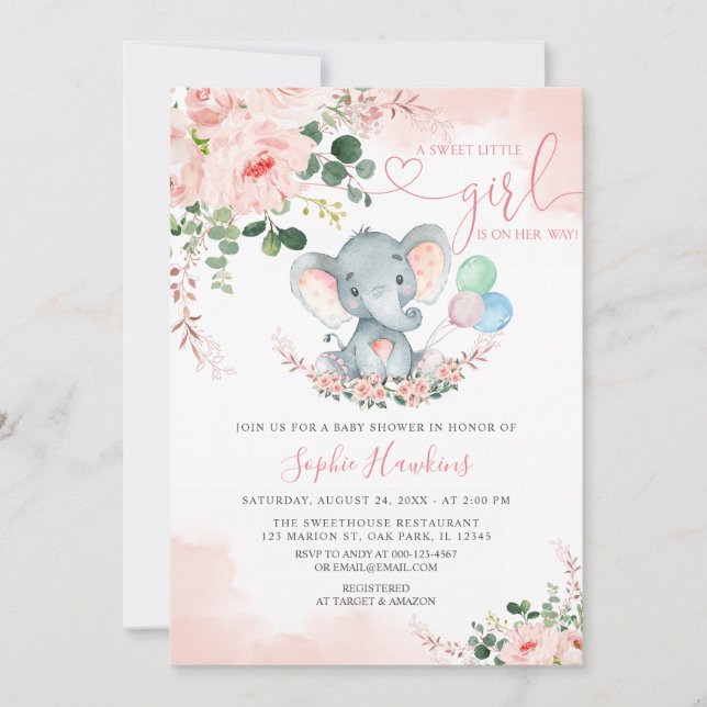 Elephant Blush Pink Sweet Little Girl Baby Shower Invitation (Front)