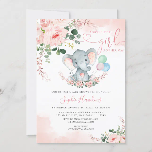 Elephant Blush Pink Sweet Little Girl Baby Shower Invitation | Zazzle