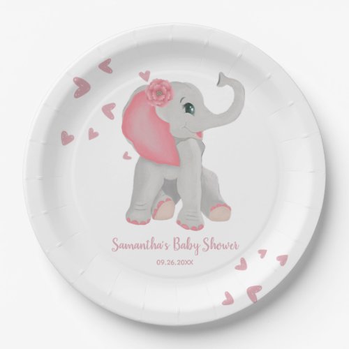  Elephant Blush Pink Watercolor Girl Baby Shower P Paper Plates