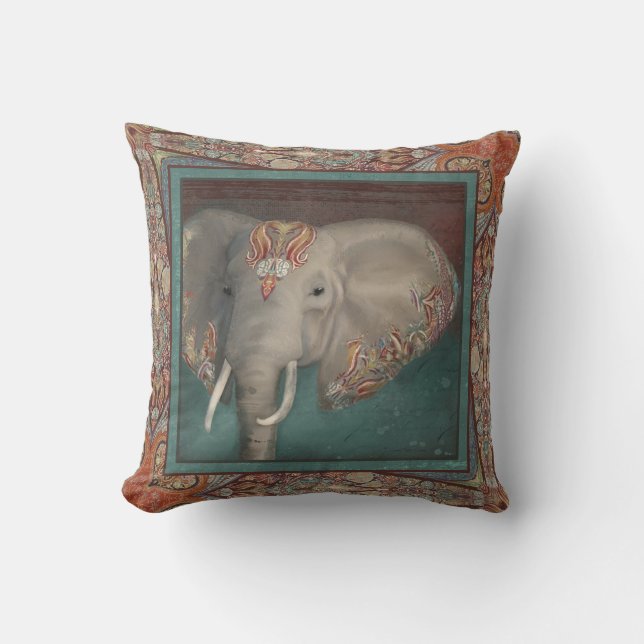 Elephant Boho Bohemian Tribal Paisley Art Border Throw Pillow (Front)