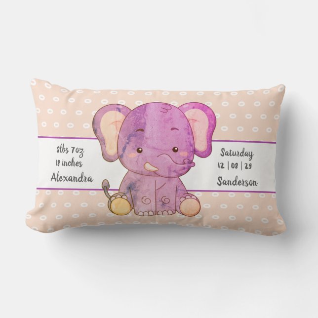 Elephant Boho Peach Pink Baby Stats Nursery Lumbar Pillow (Front)