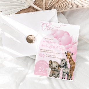Elephant Boho Pink Balloon Girl 1st Birthday Photo Invitation