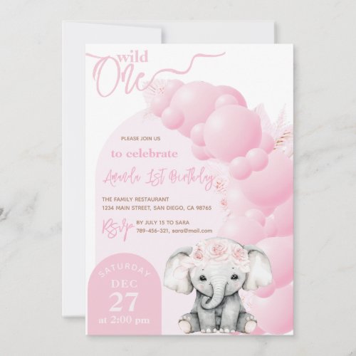 Elephant Boho Pink Balloon Girl 1st Birthday Photo Invitation