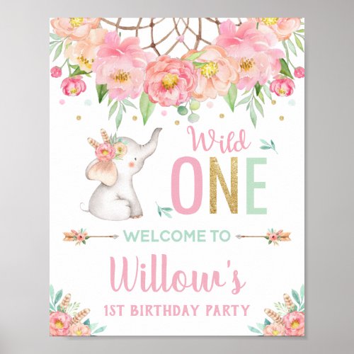 Elephant Boho Pink Floral 1st Birthday Welcome Poster