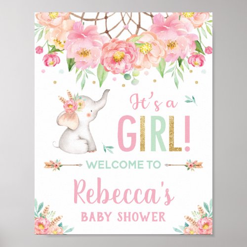 Elephant Boho Pink Floral Baby Shower Girl Welcome Poster