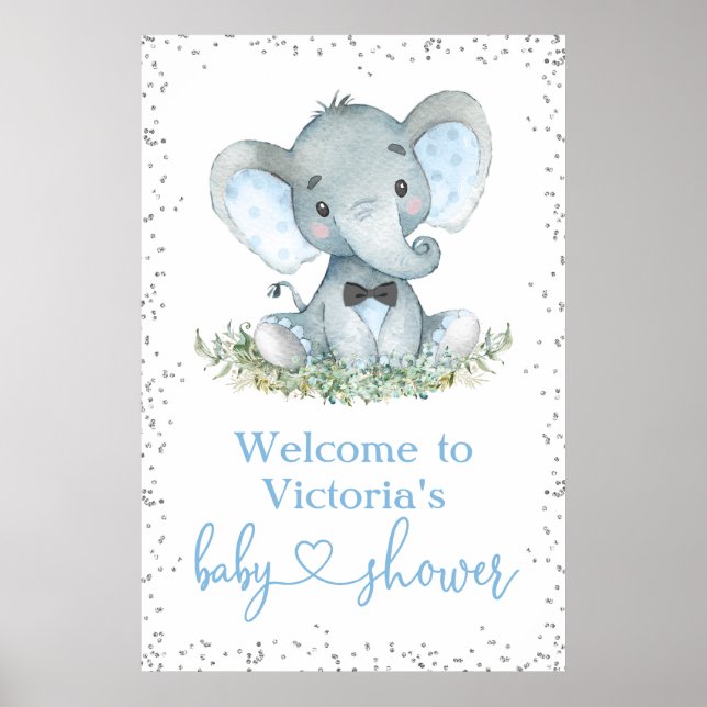 Elephant Bow Tie Glitter Baby Shower Welcome Sign (Front)