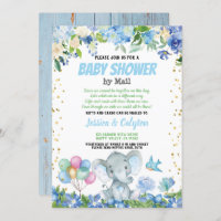 Elephant boy baby shower by mail blue floral invitation