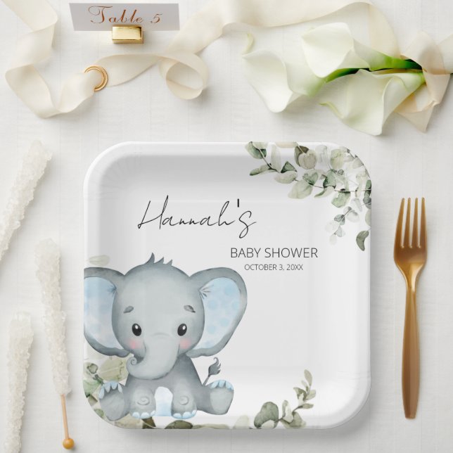 Elephant Boy Baby Shower Paper Plates (Wedding)