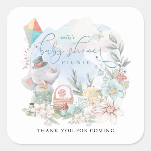 Elephant Boy Baby Shower Picnic Florals Thank You Square Sticker