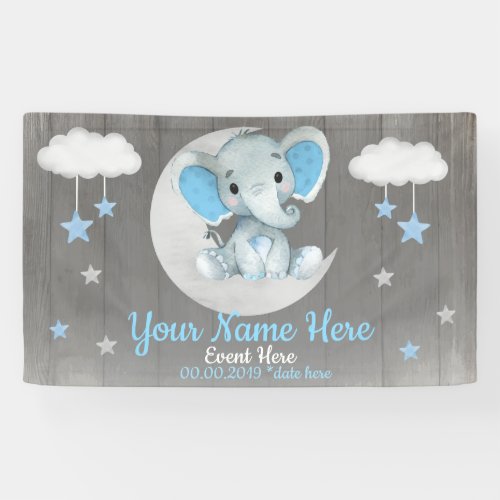 Elephant Boy Backdrop Moon Stars Blue Name Banner