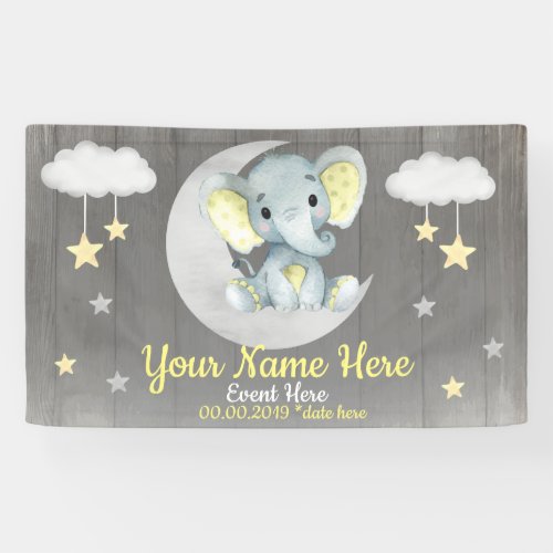 Elephant Boy Backdrop Moon Stars Yellow Name Banner