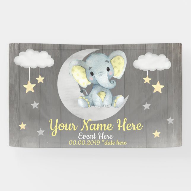 Elephant Boy Backdrop Moon Stars Yellow Name Banner (Horizontal)