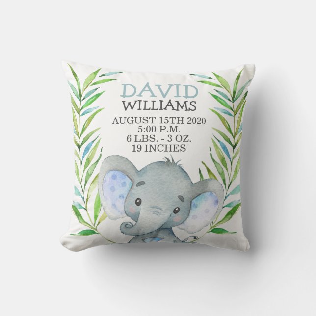 Elephant Boy Birth Stats Jungle Safari Nursery Throw Pillow (Front)