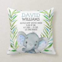 Elephant Boy Birth Stats Jungle Safari Nursery Throw Pillow