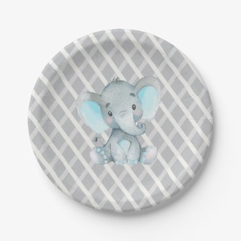 Elephant Boy Blue Baby Shower Paper Plates by SugSpc_Invitations at Zazzle