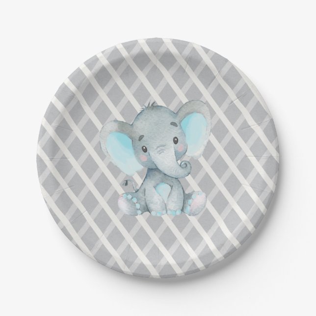 Elephant Boy Blue Baby Shower Paper Plates (Front)
