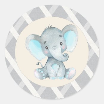 Elephant Boy Blue Baby Shower Stickers by SugSpc_Invitations at Zazzle