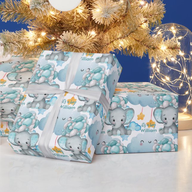 Elephant Boy Blue Ballon Nursery Baby Shower Wrapping Paper (Holidays)