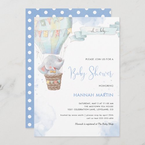 Elephant Boy Blue Balloon Cute Baby Shower Invitation