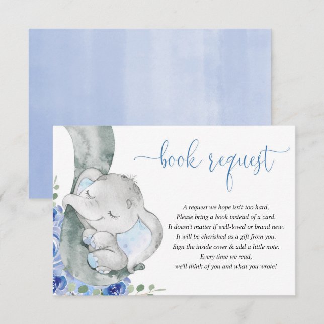 Elephant boy blue floral books for baby request enclosure card (Front/Back)