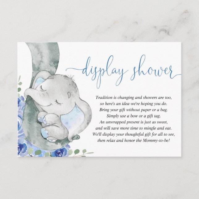 Elephant boy blue floral display shower enclosure card (Front)