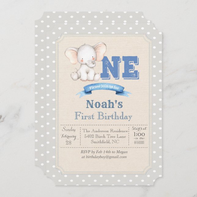 Elephant Boy First 1st Birthday Invitation (Front/Back)