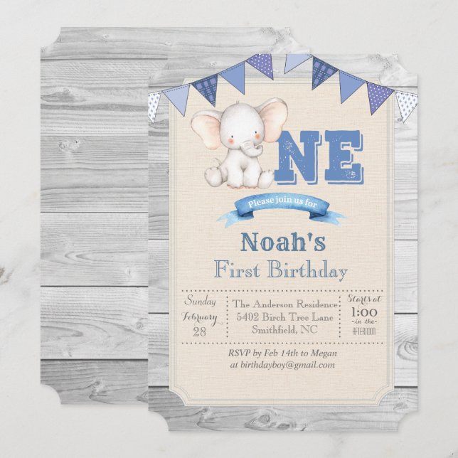 Elephant Boy First 1st Birthday Invitation (Front/Back)