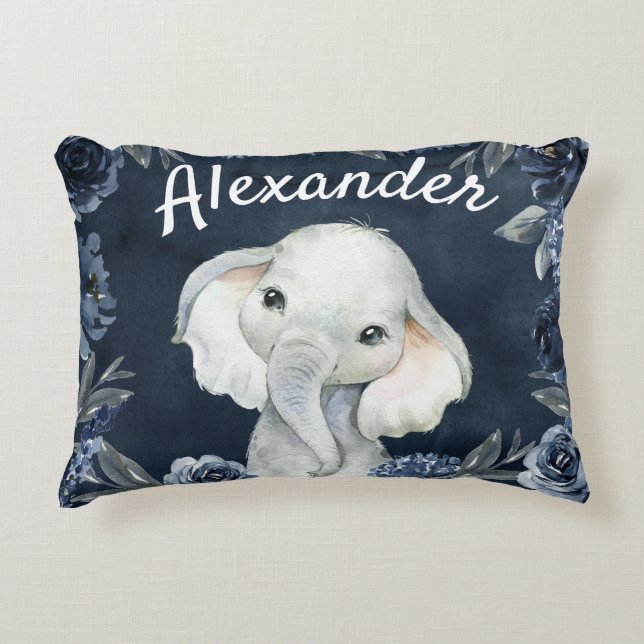 Elephant Boy Navy Rustic Floral Name Roses Accent Pillow (Front)