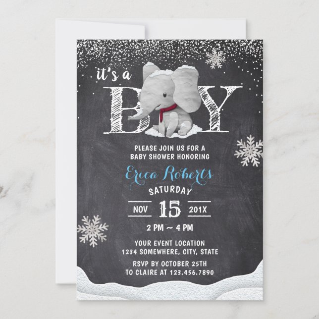 Elephant Boy Rustic Winter Snowflakes Baby Shower Invitation (Front)