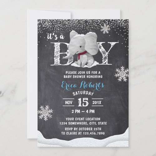 Elephant Boy Rustic Winter Snowflakes Baby Shower Invitation