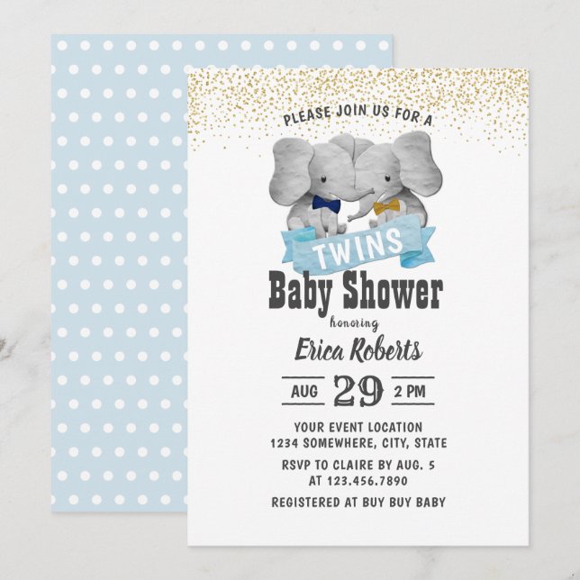 Elephant Boy Twins Gold Confetti Baby Shower Invitation (Front/Back)