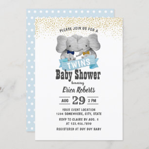 Elephant Boy Twins Gold Confetti Baby Shower Invitation