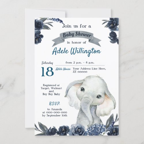 Elephant Boy Watercolor Floral Navy Blue Baby Invi Invitation