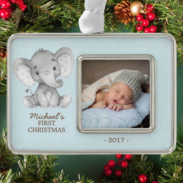 Elephant Boys Babys First Christmas Photo Ornament (Creator Uploaded)