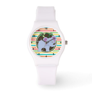 Elephant; Bright Rainbow Stripes Watch