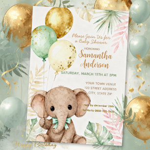 Elephant Brown Sage Green Balloons Baby Shower Foil Invitation